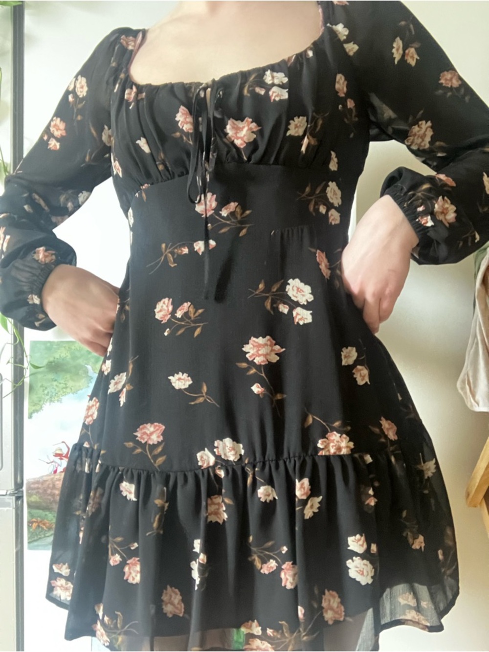 Garage black floral peasant style mini dress